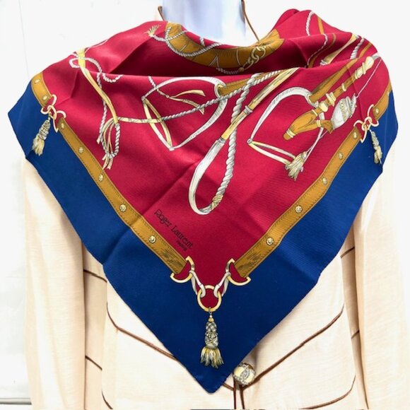 Unused-Roger Laurent Paris Scarf 29"x29"Burgendy blue brown Classic Perisian(29) - Picture 1 of 9